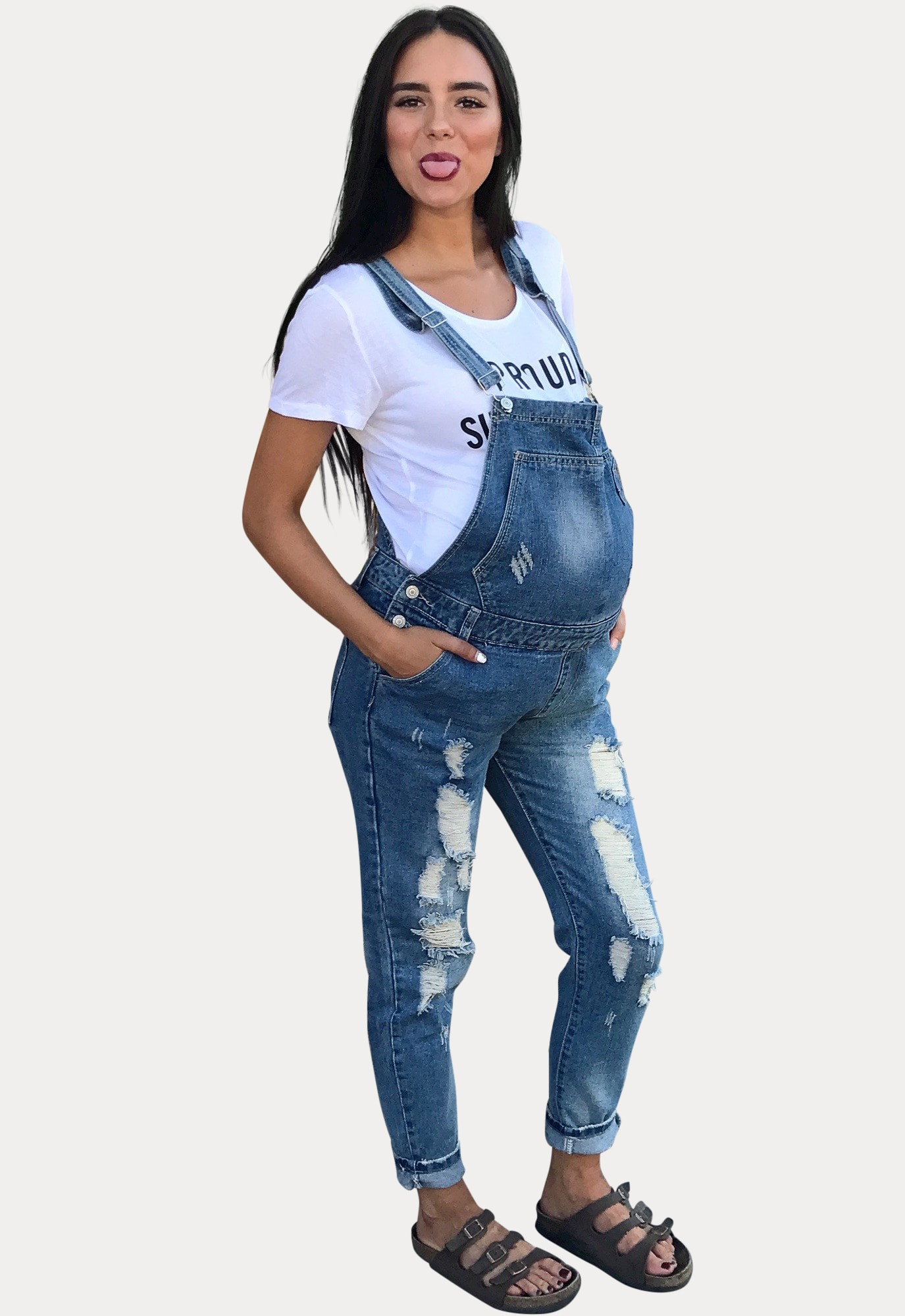 SHEIN Maternity Patched Pocket Ripped Skinny Denim Overall | SHEIN USA