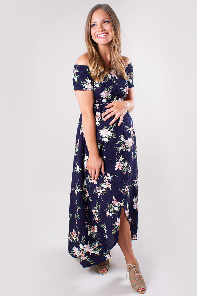 off the shoulder maternity wrap dress