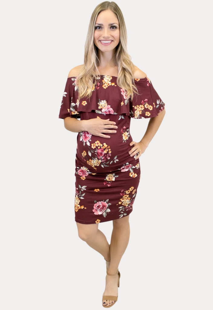 floral off the shoulder maternity dress