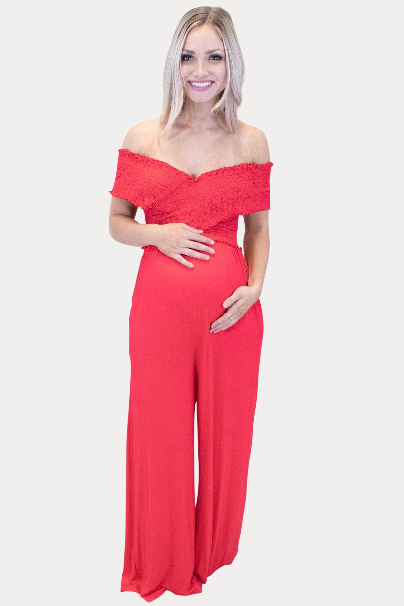 off the shoulder maternity jumpsuit