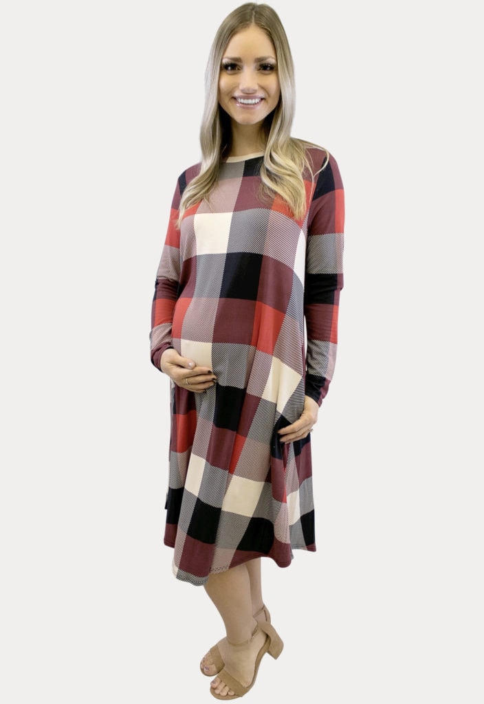 red plaid maternity dress