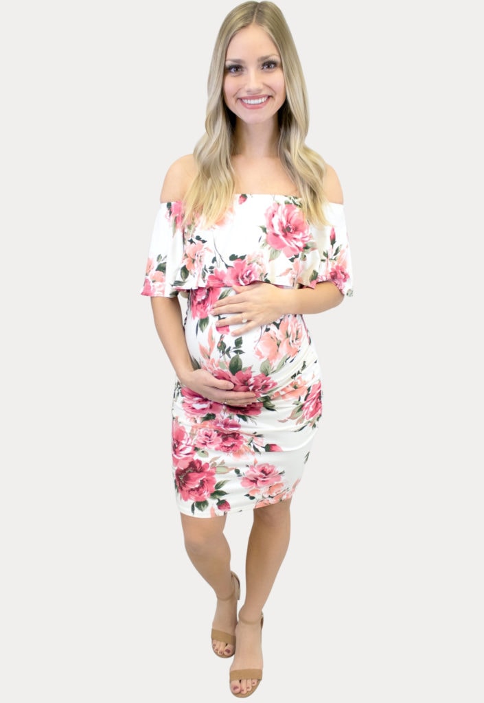 cream floral maternity bodycon dress