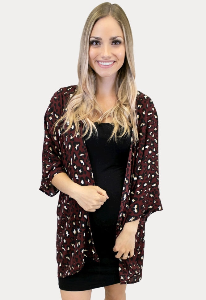 Burgundy leopard maternity kimono