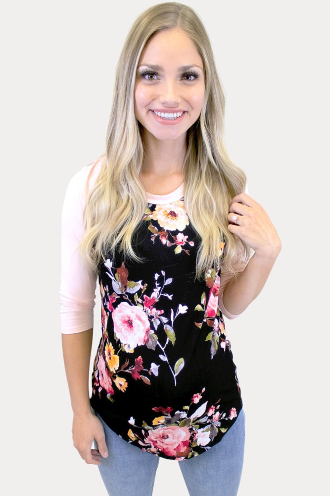 black maternity baseball tee