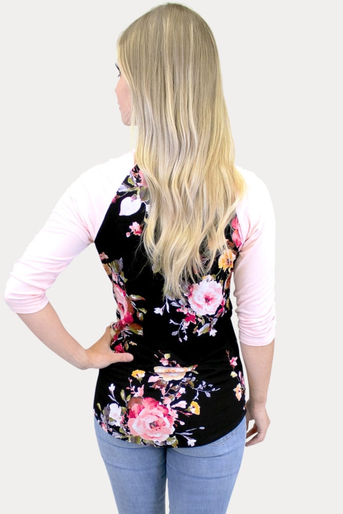 black maternity baseball tee