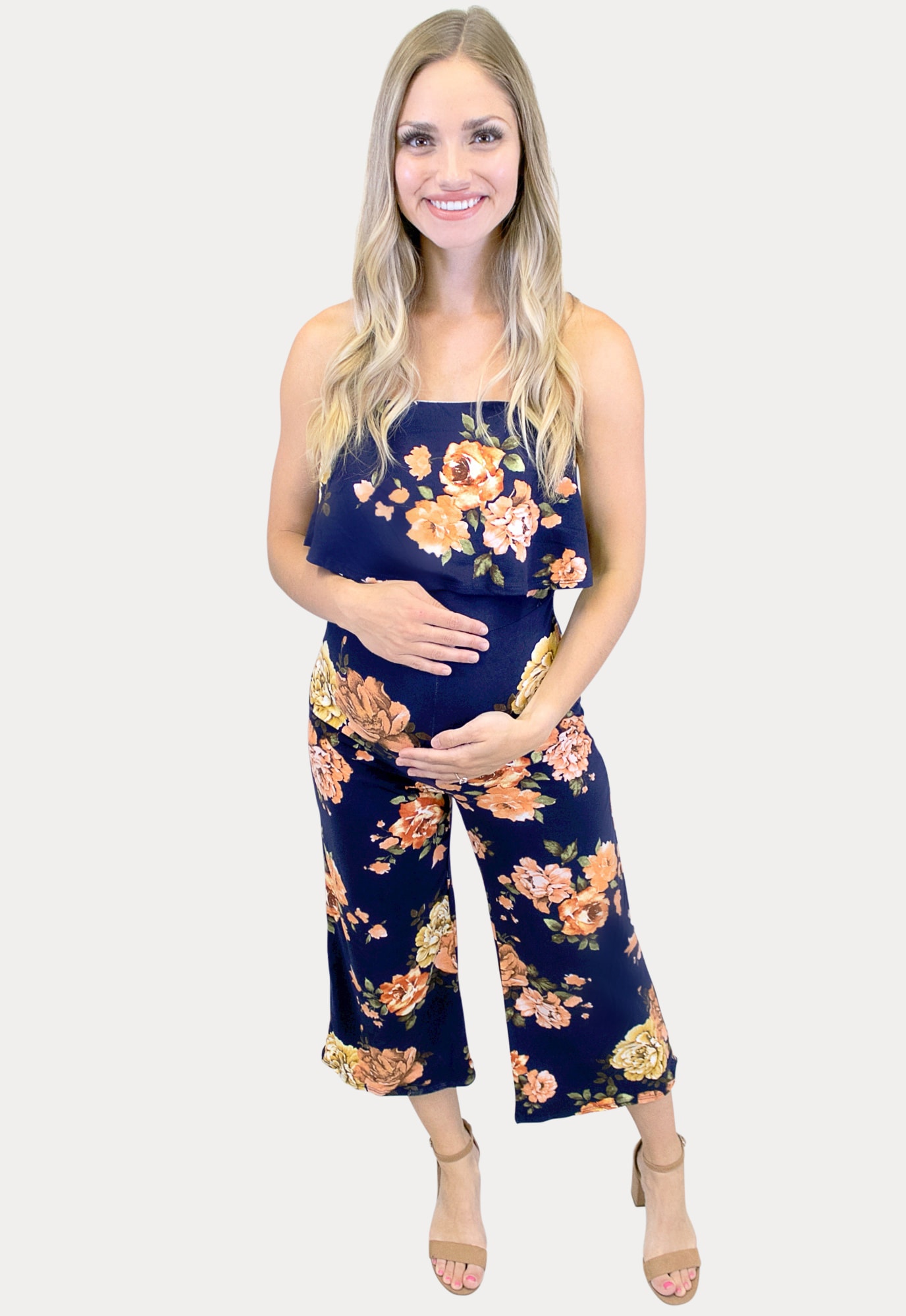 navy floral maternity jumpsuit