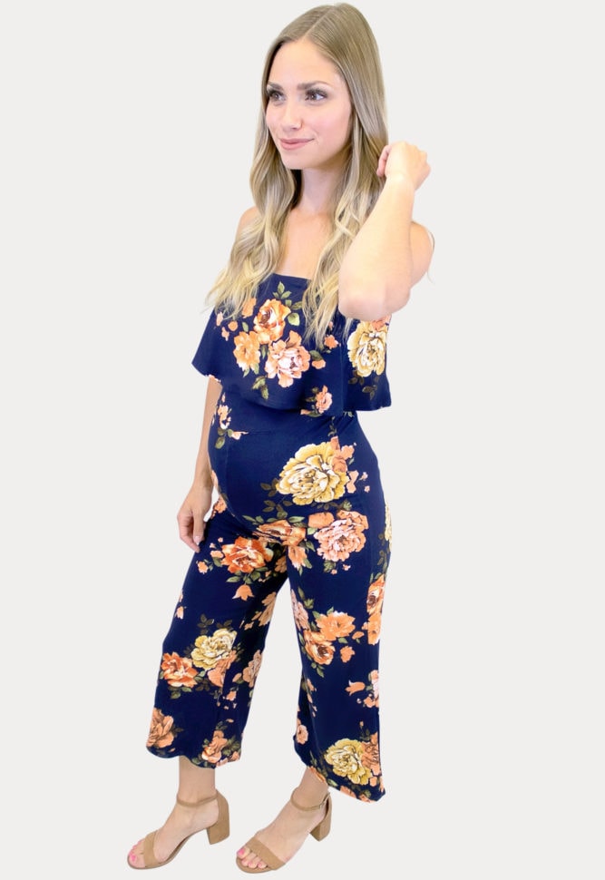 navy floral maternity jumpsuit