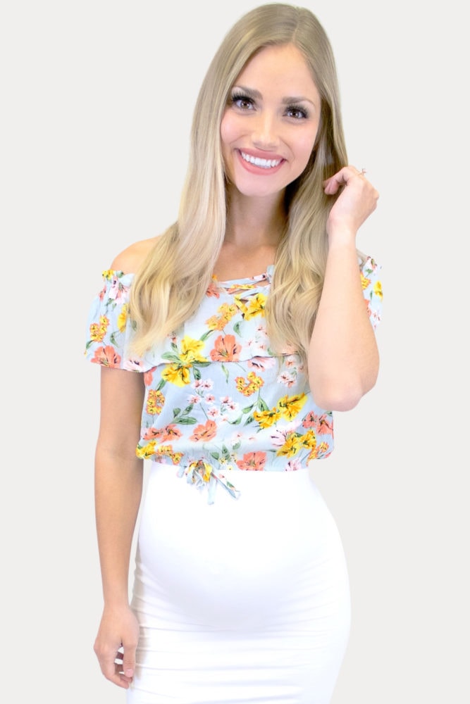 blue floral maternity crop top