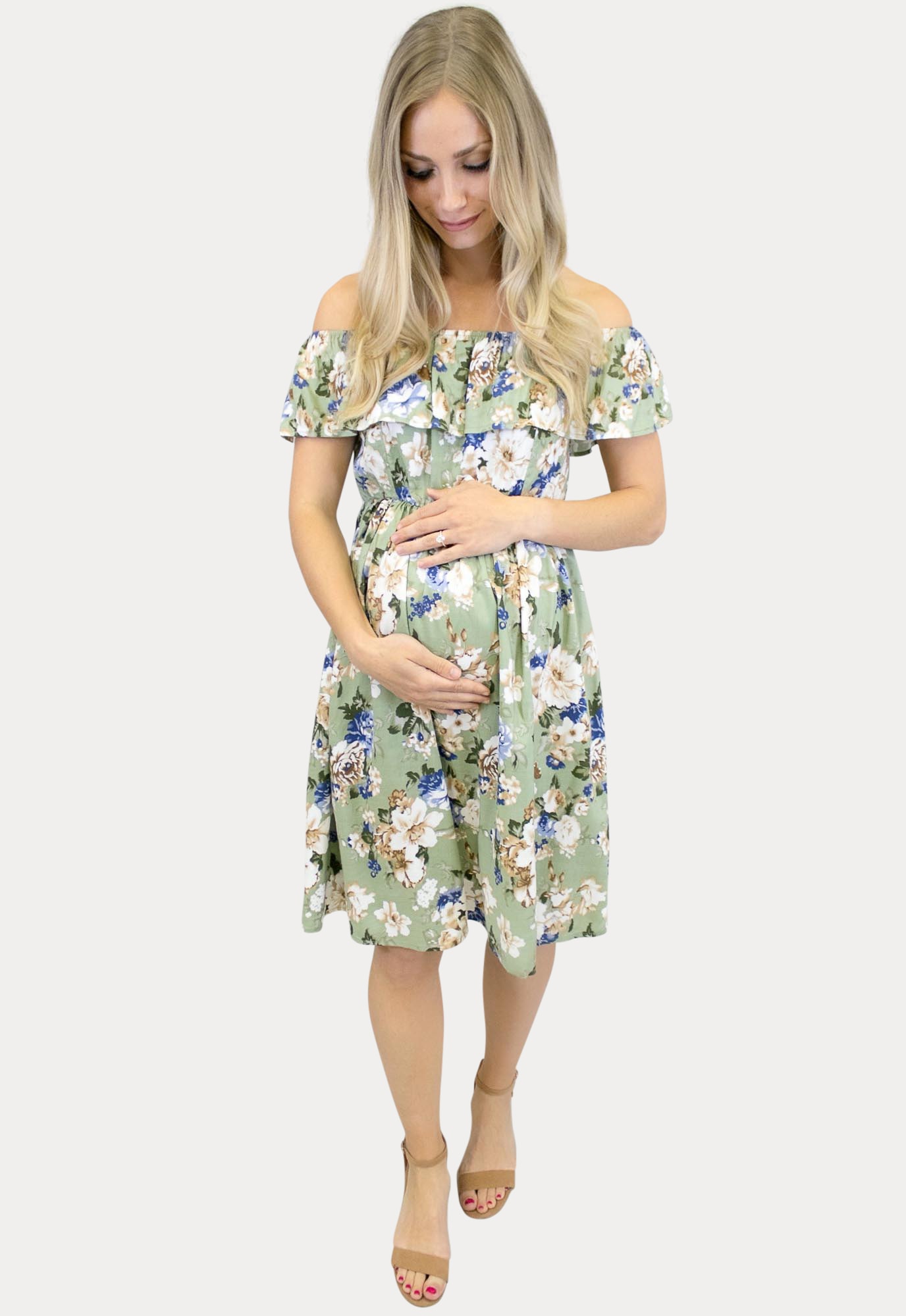 sage off the shoulder maternity dress