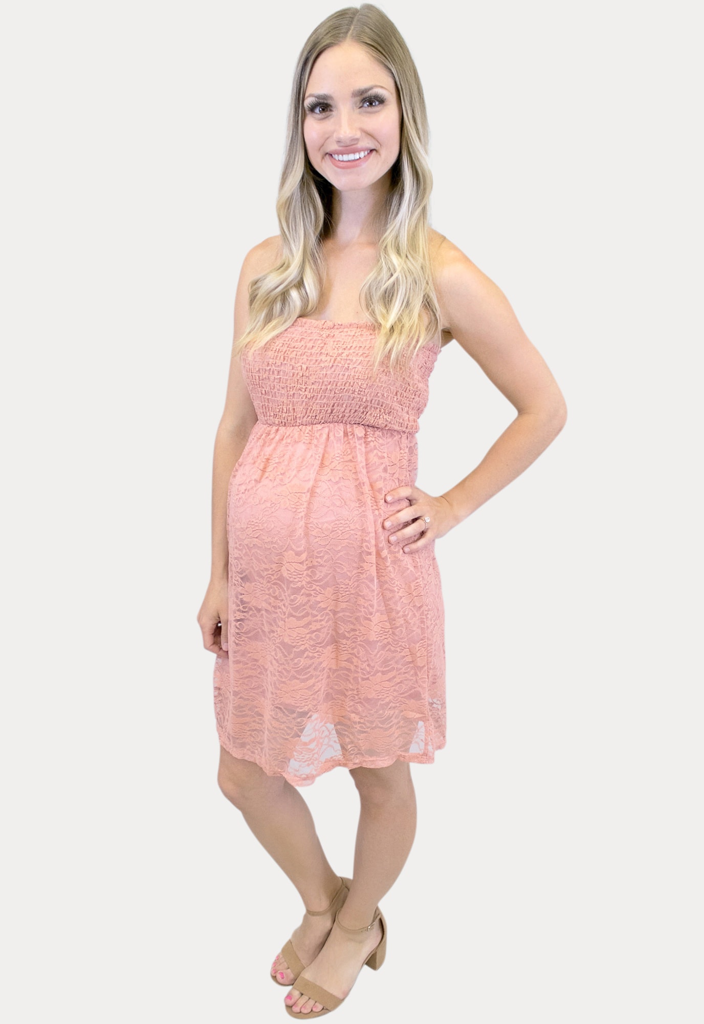 Mini peach lace maternity dress