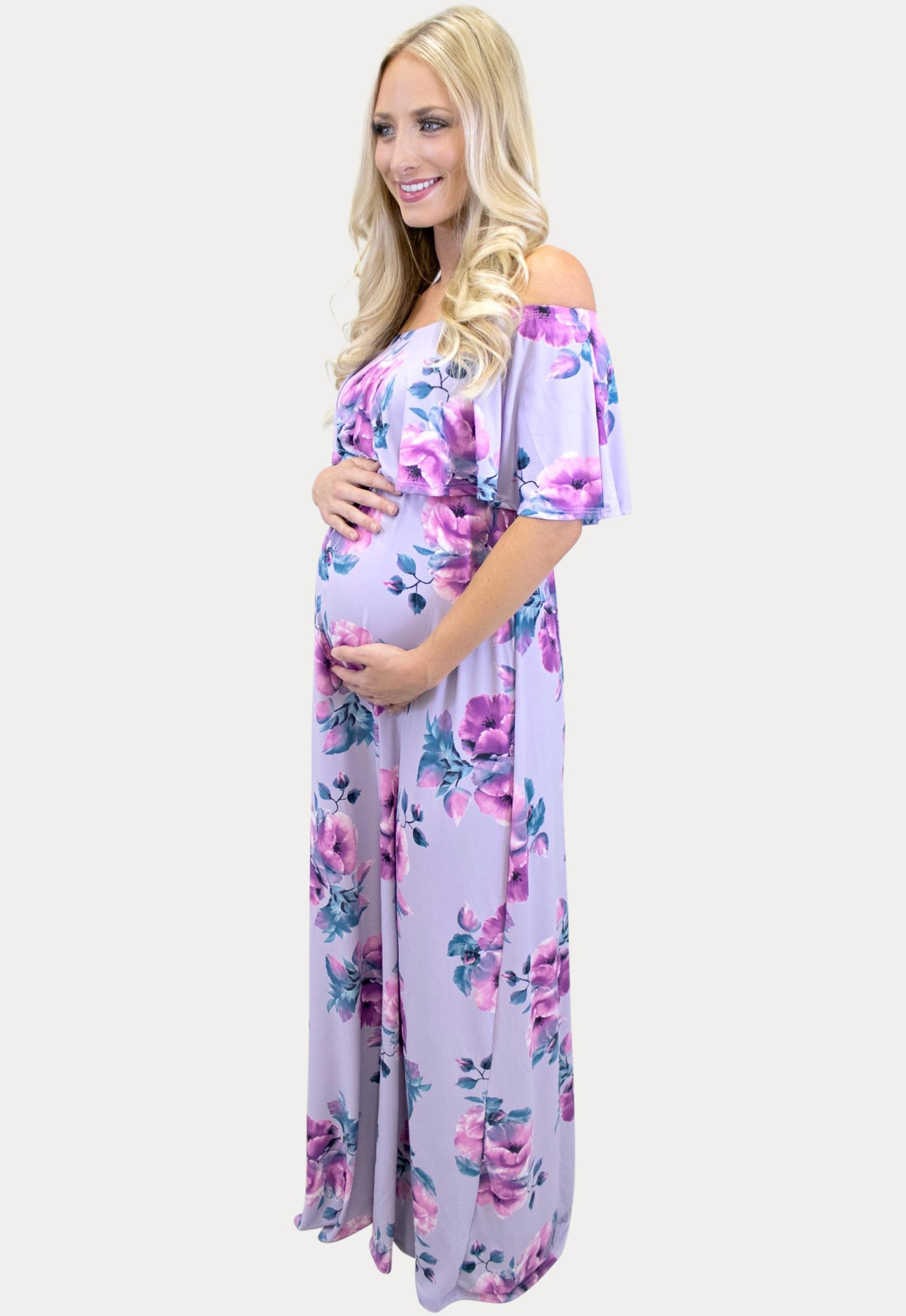 Maxi off shoulder maternity dress in purple