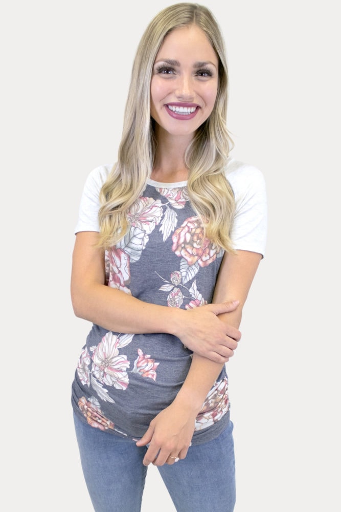 grey floral maternity baseball tee