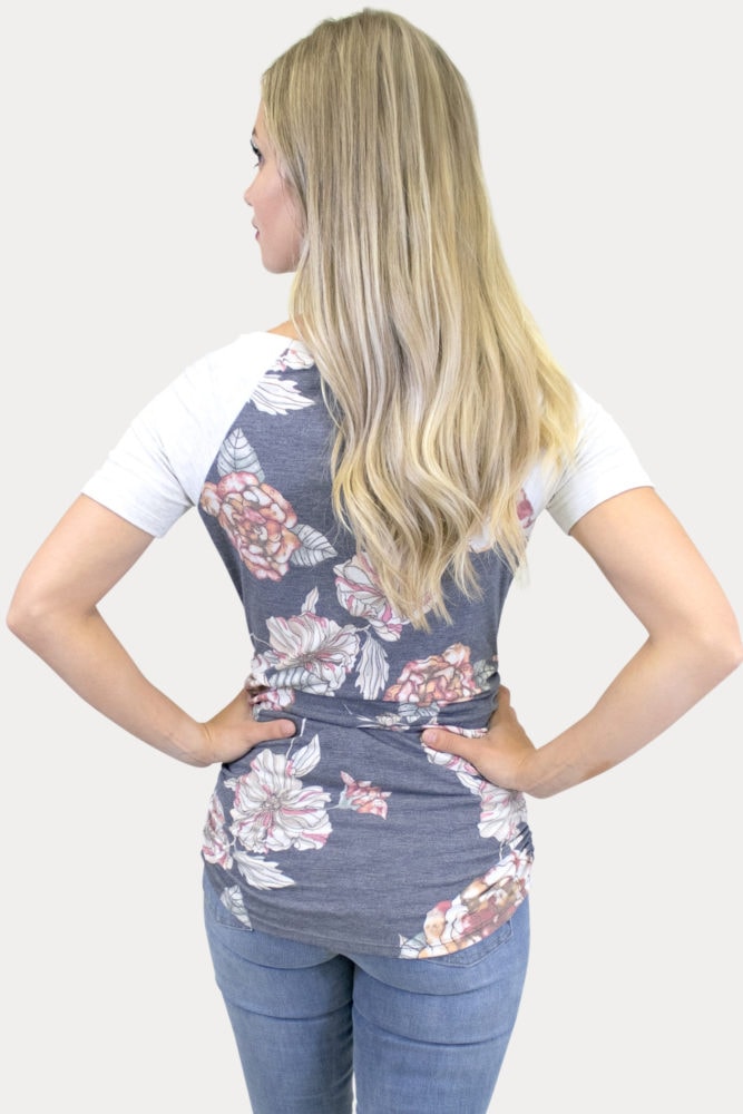 grey floral maternity baseball tee