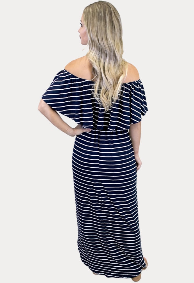 off shoulder striped maternity maxi