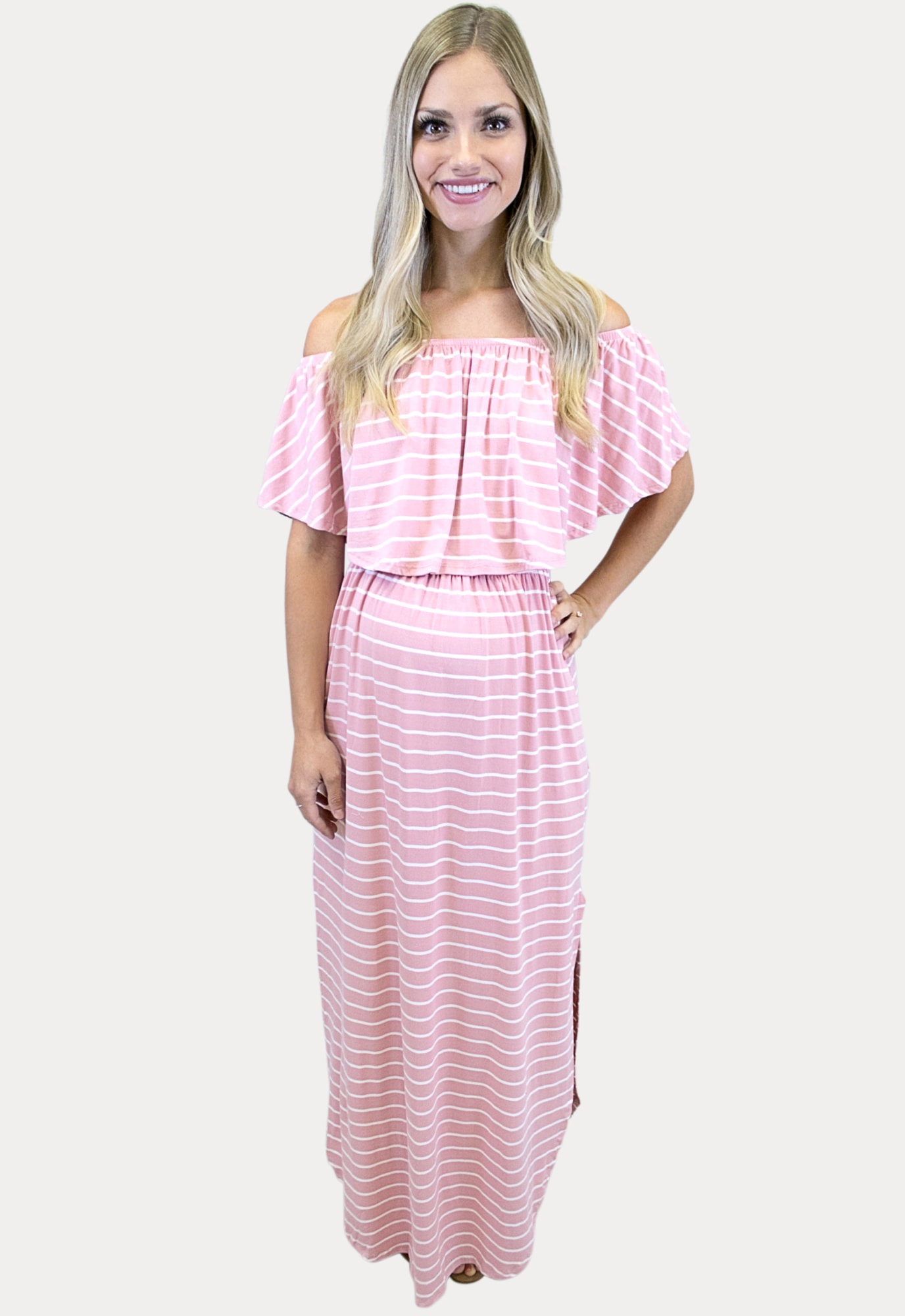 pink striped maternity maxi