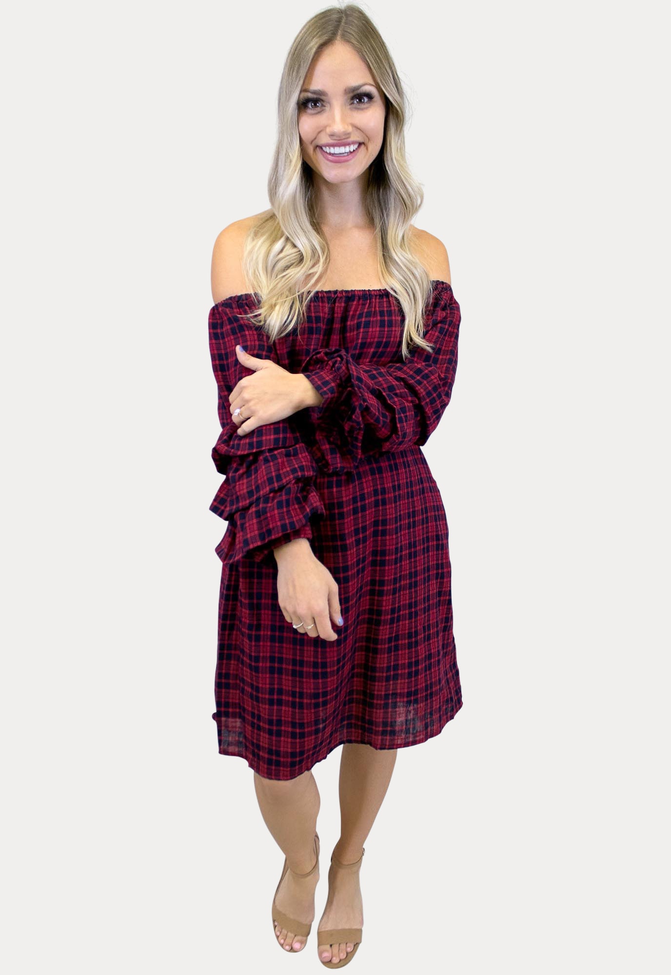 Plaid off store the shoulder dress