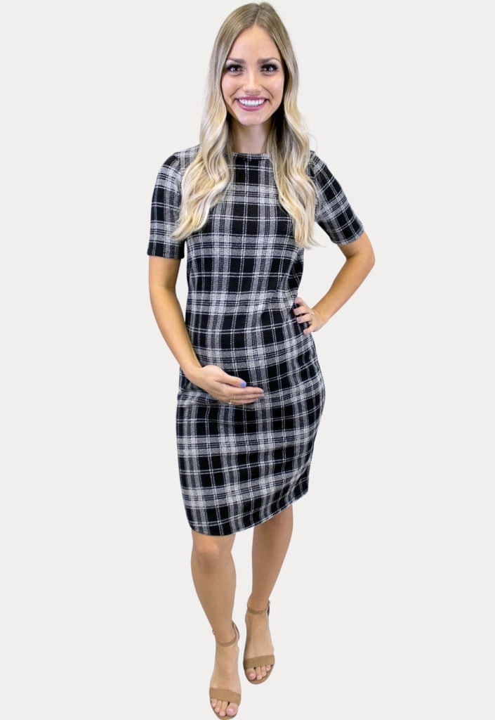 short sleeve plaid maternity dress