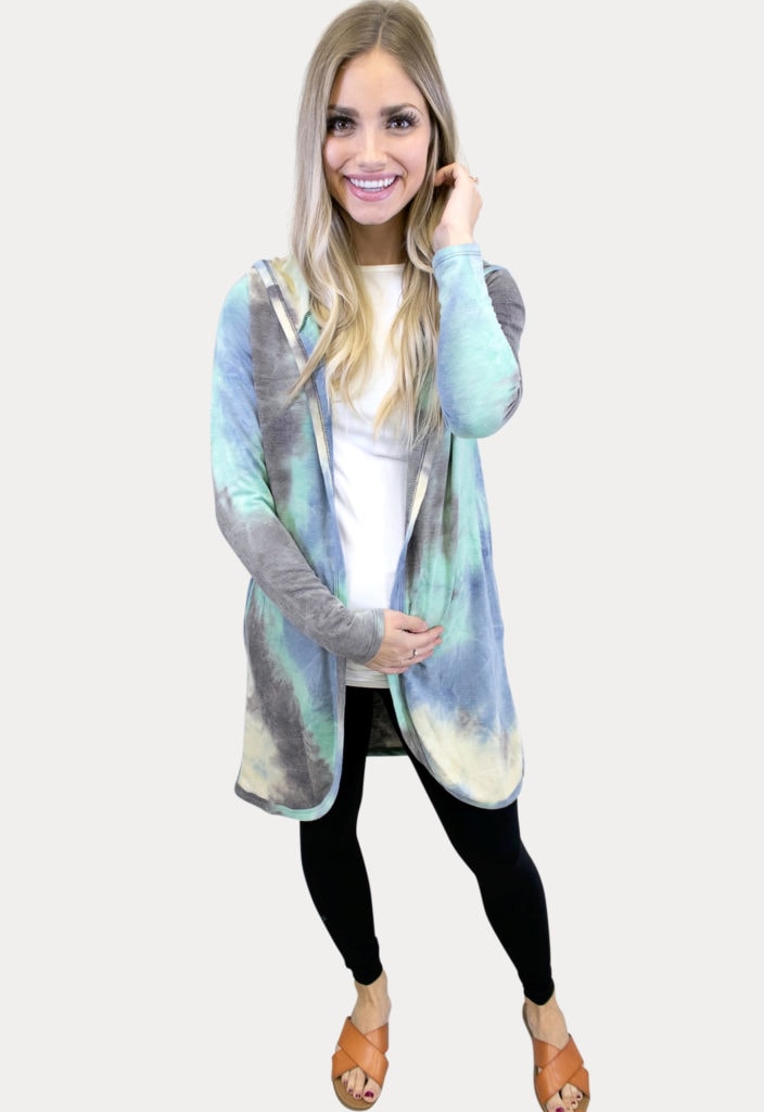 blue tie dye maternity cardigan