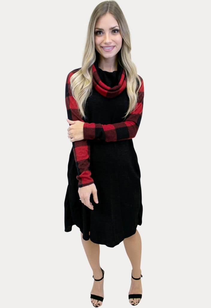 Buffalo Plaid Cowl Neck Maternity Dress in Red