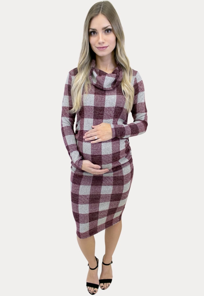 cowl neck plaid maternity dress