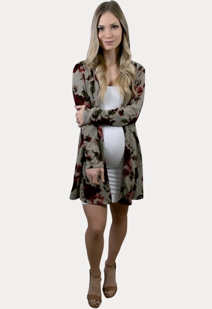 beige floral maternity cardigan