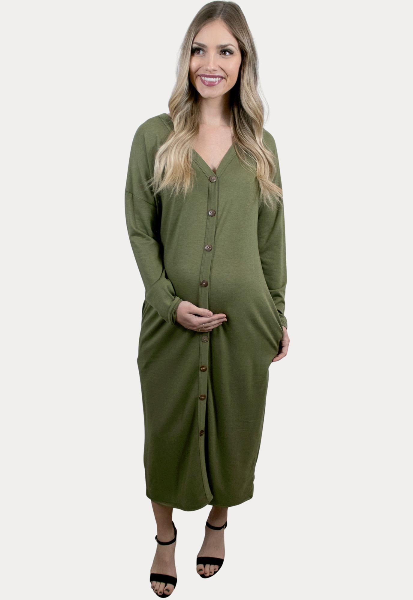 Button Front Maternity Midi Dress in Green