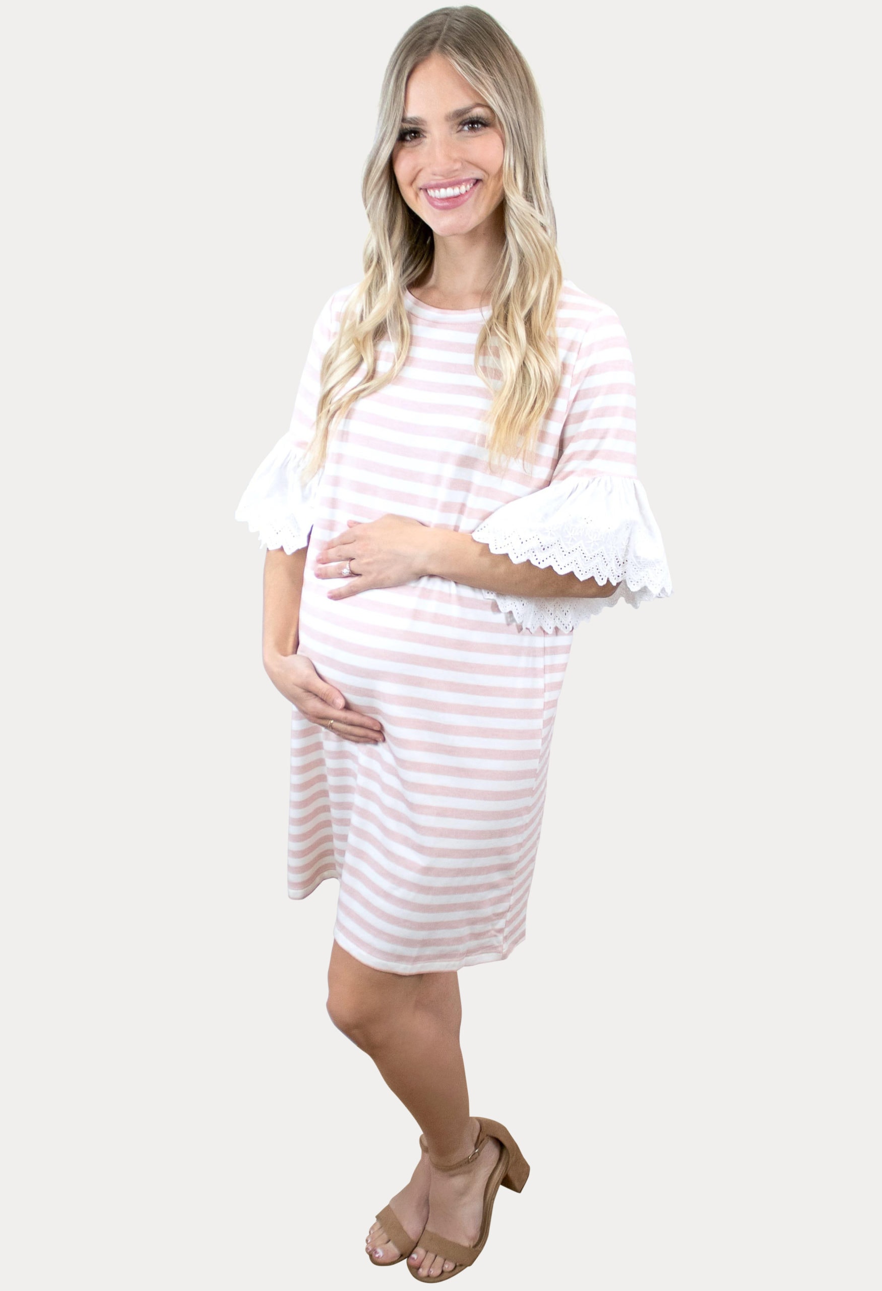 white and pink stripe maternity dress