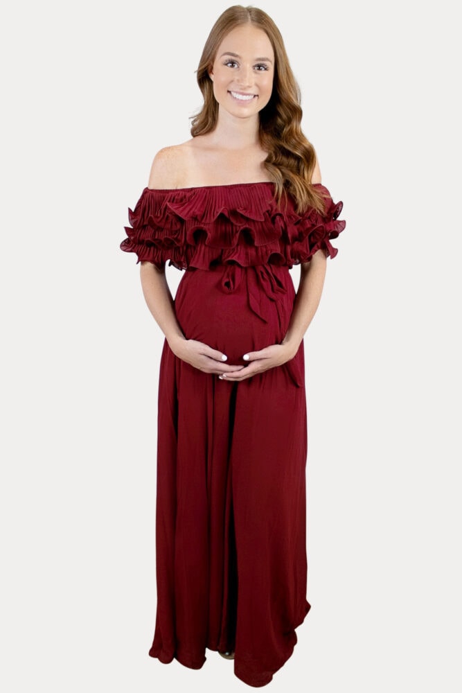 off the shoulder ruffled maternity maxi