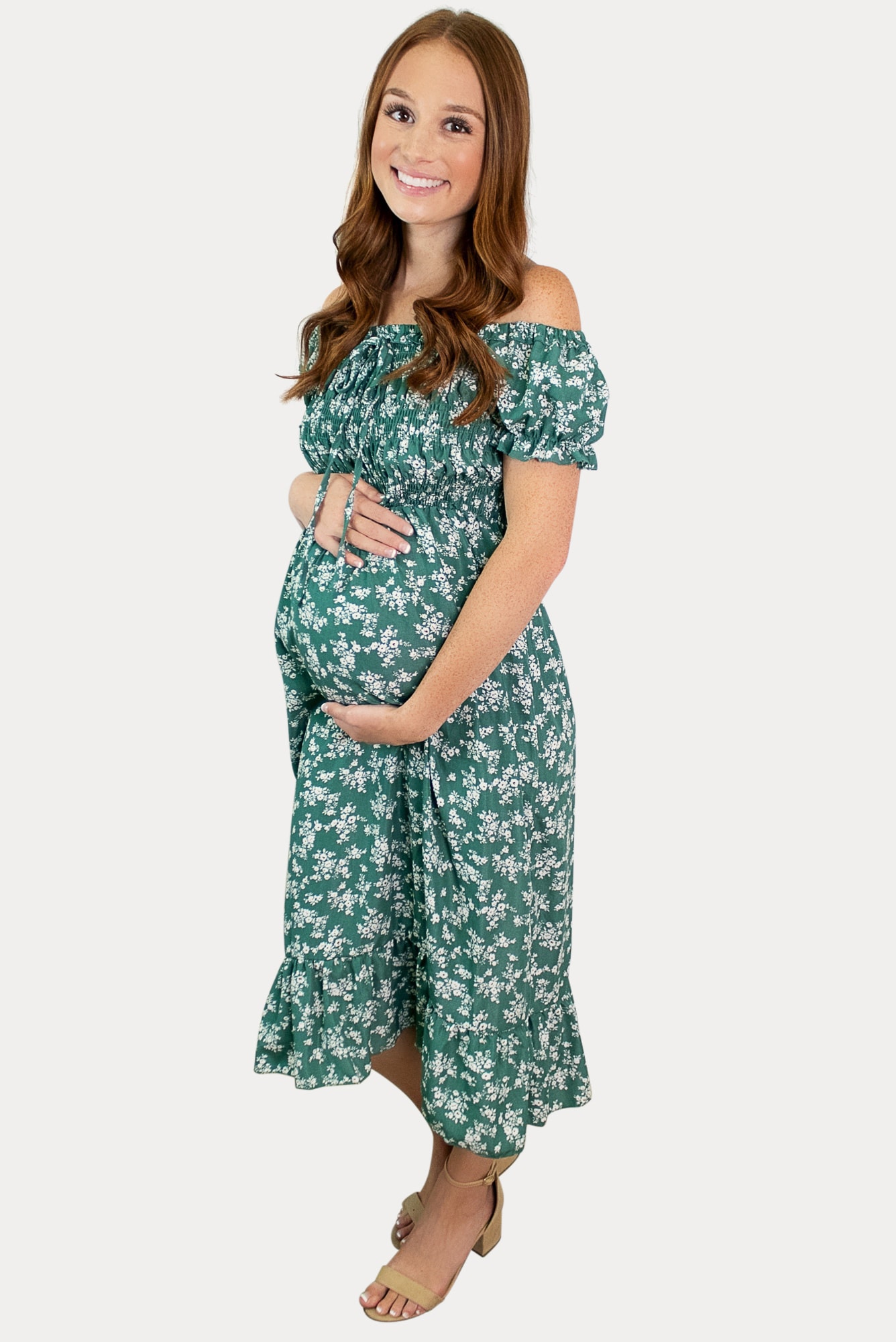 Green Floral Ruffle Off Shoulder Maternity Maxi Dress– PinkBlush