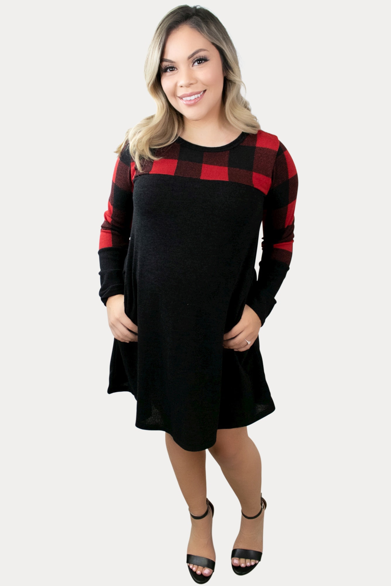 Our buffalo plaid maternity swing dress is a mama wardrobe must!