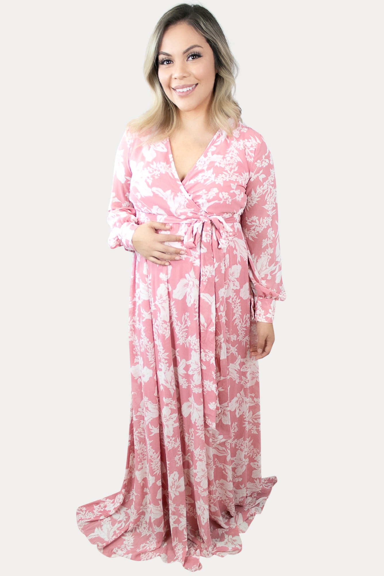 3/4 Sleeve Floral Bodycon Maternity Dress in Pink