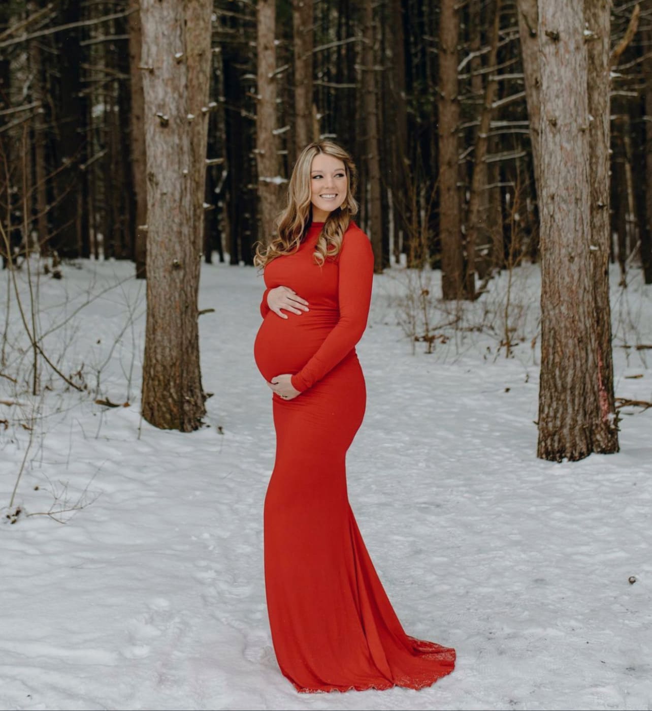 Bride Wore Red Wedding Dress With Plunging Neckline and Full Skirt