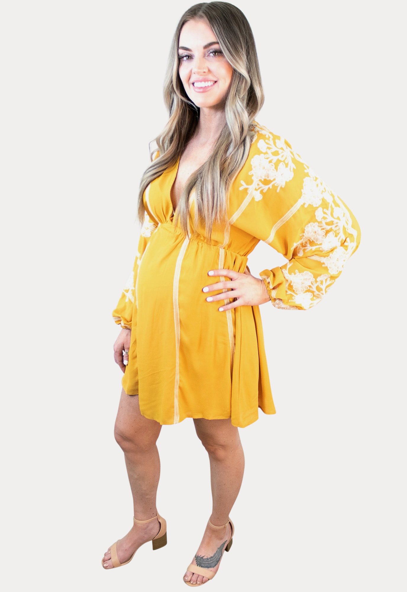 Trending Maternity Dresses for Spring in Boho Mustard