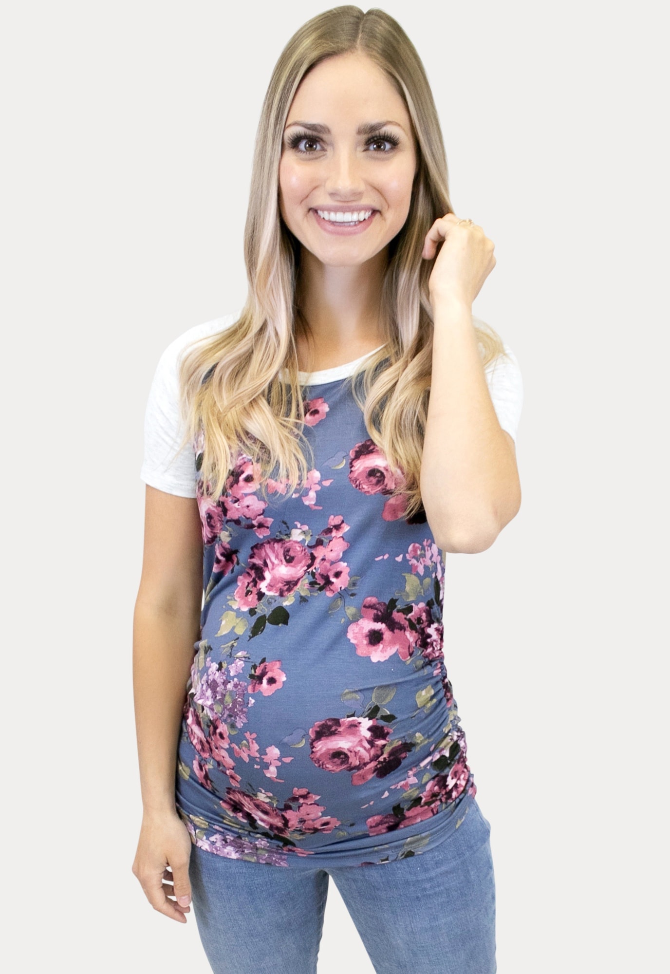 Floral baseball maternity tee in blue