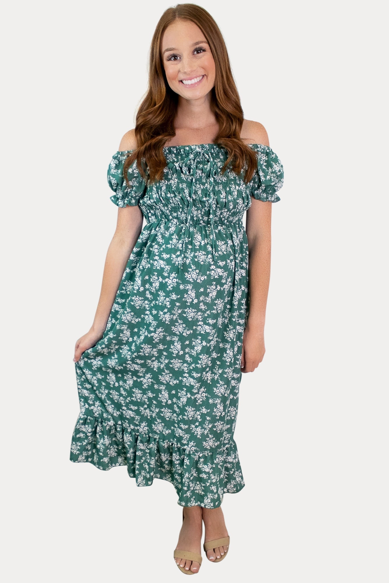 Floral Off the Shoulder Maternity Dress in Green