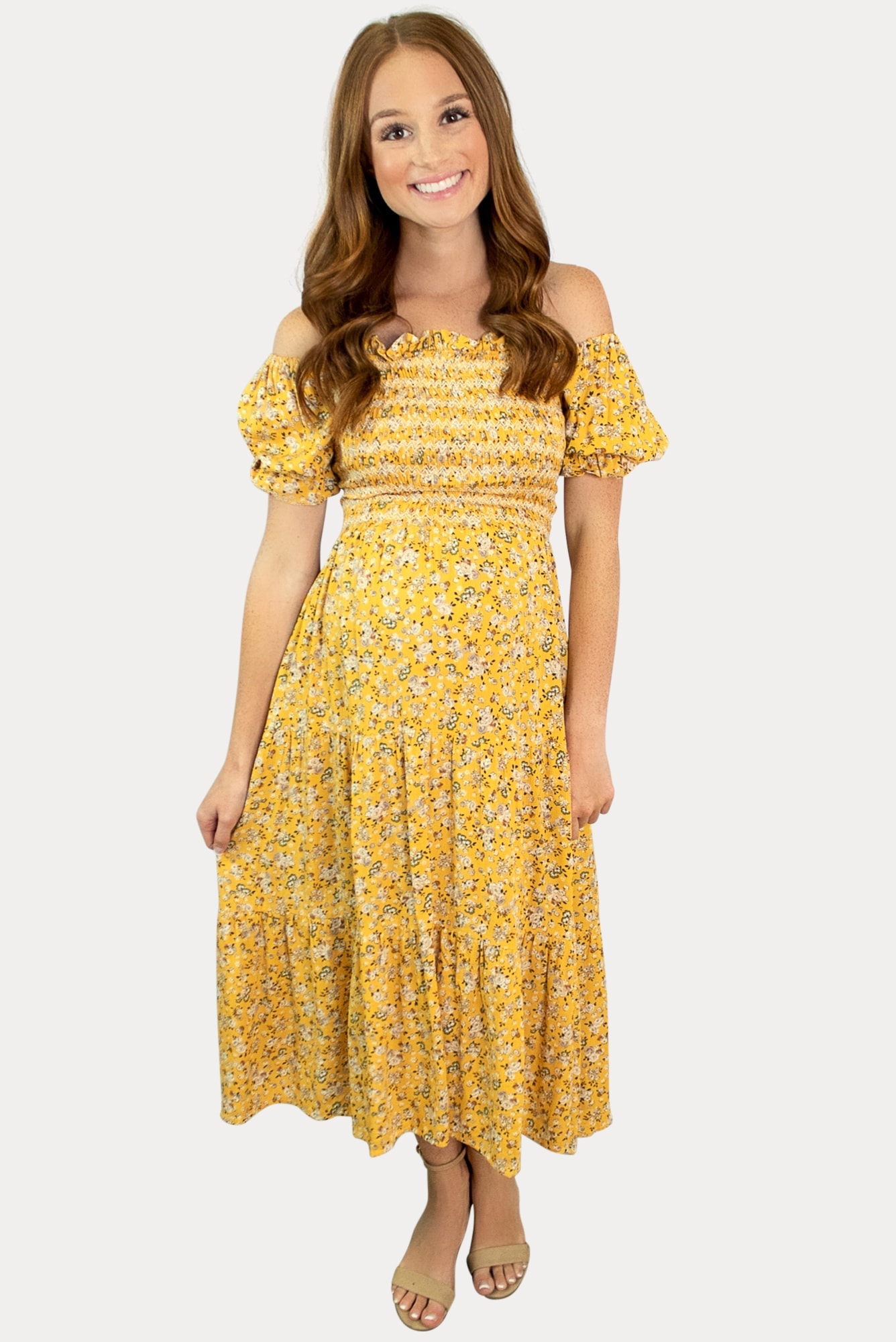 Yellow Floral Puff Sleeve Midi Dress1