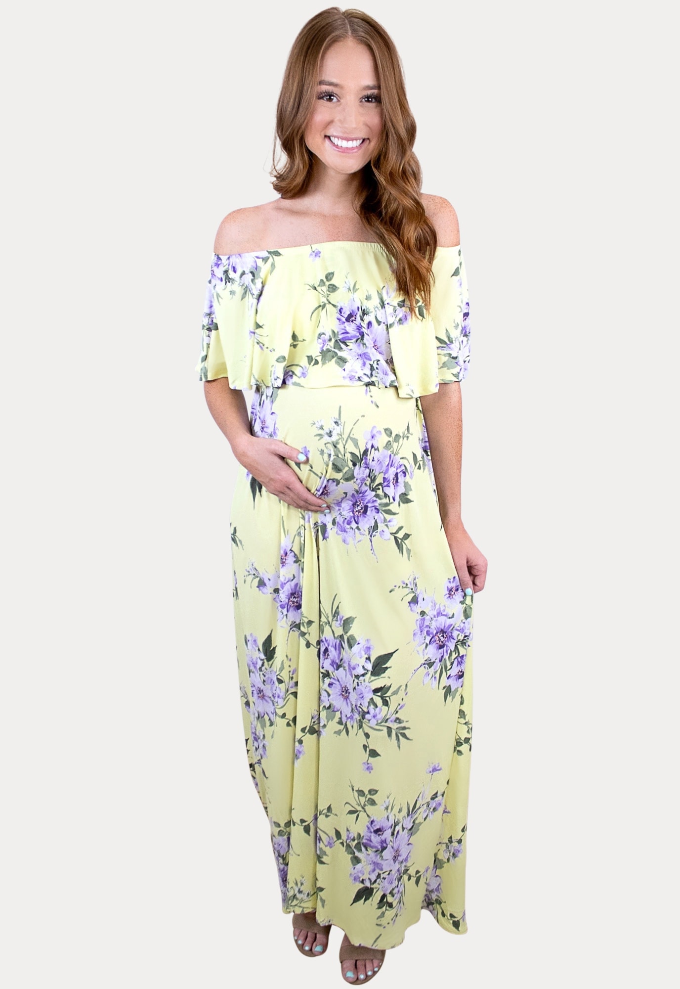 Yellow Floral Off the Shoulder Maxi Maternity Dress